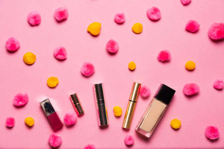 Makeup set on a vibrant holiday  backgroundの写真素材
