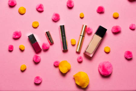 Makeup set on a vibrant holiday  backgroundの写真素材