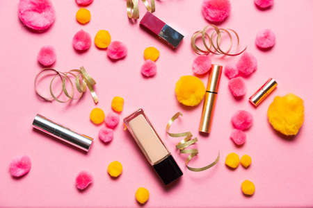 Makeup set on a vibrant holiday  backgroundの写真素材
