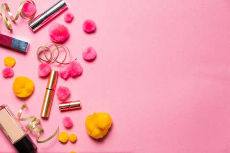 Makeup set on a vibrant holiday  backgroundの写真素材