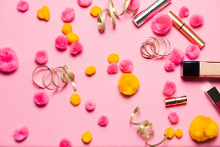 Makeup set on a vibrant holiday  backgroundの写真素材