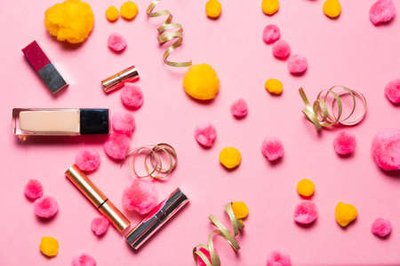 Makeup set on a vibrant holiday  backgroundの写真素材