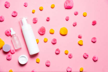 Cosmetics set on a bright background. High angle viewの写真素材