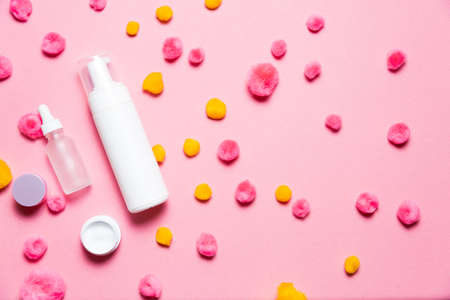 Cosmetics set on a bright background. High angle viewの写真素材