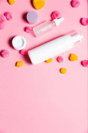 Cosmetics set on a bright background. High angle viewの写真素材