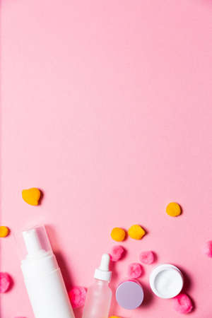 Cosmetics set on a bright background. High angle viewの写真素材