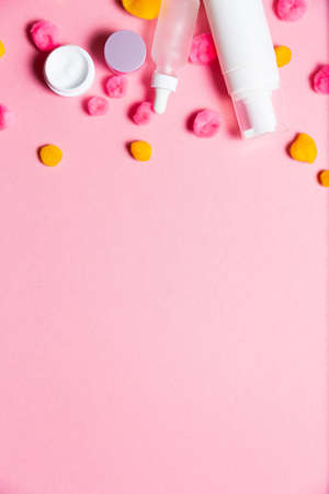 Cosmetics set on a bright background. High angle viewの写真素材