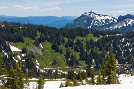 Beautiful panorama of Cascade range with volcanos as seen from Mt. Rainierの写真素材