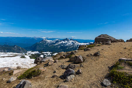 Beautiful panorama of Cascade range with volcanos as seen from Mt. Rainierの写真素材