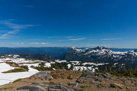 Beautiful panorama of Cascade range with volcanos as seen from Mt. Rainierの写真素材
