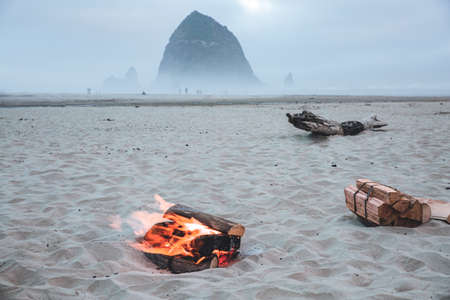 Beautiful misty ocean shore at Cannon Beach, Oregon in the summer of 2020の写真素材
