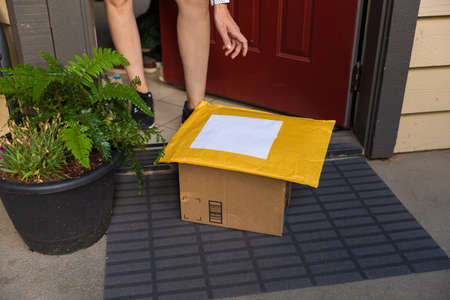 A box and a mailer on a doorstep, online order home delivery concept