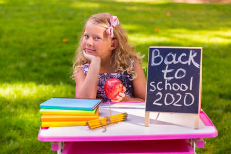 Schoolgirl sitting at the school desk outside in the parkの写真素材