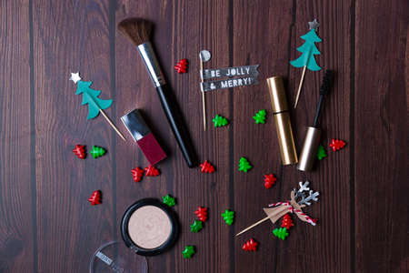 Christmas background with wooden table and decor flat layの写真素材