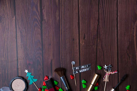 Christmas background with wooden table and decor flat layの写真素材