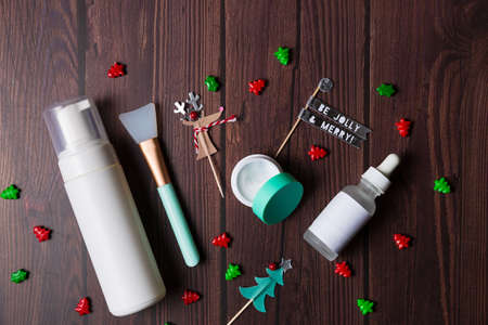 Christmas background with wooden table and decor flat layの写真素材