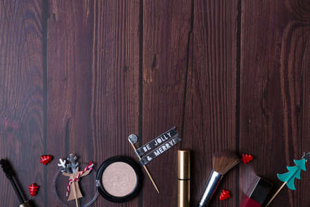 Christmas background with wooden table and decor flat layの写真素材