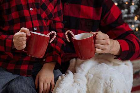 Father and son drinking hot cocoa together on Christmas eveの写真素材