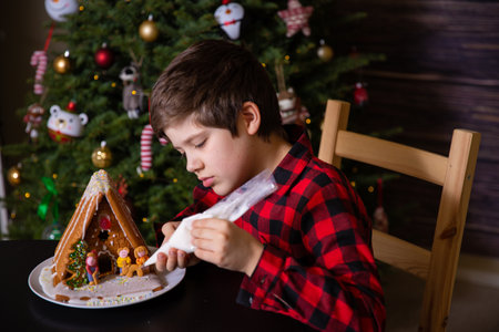 A boy decorating Christmas gingerbread house  at homeの写真素材