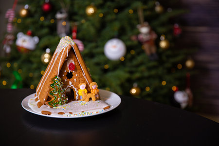 A boy decorating Christmas gingerbread house  at homeの写真素材