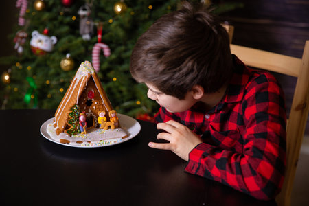 A boy decorating Christmas gingerbread house  at homeの写真素材