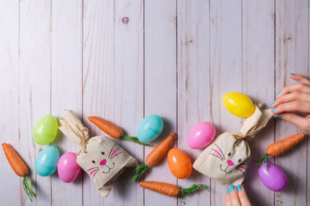 Easter holiday decoration background. High angle viewの写真素材