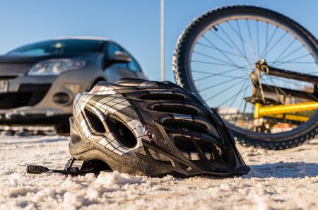 Bicycle accident in winterの写真素材