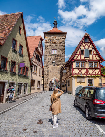 "Siebersturm" with half-timbered house in Rothenburg ob der Tauberのeditorial素材