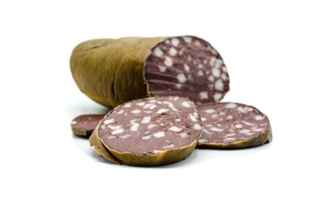 Blood sausage isolated on white backgroundの写真素材