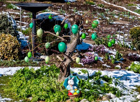 Green Easter eggs with Easter bunny with snow