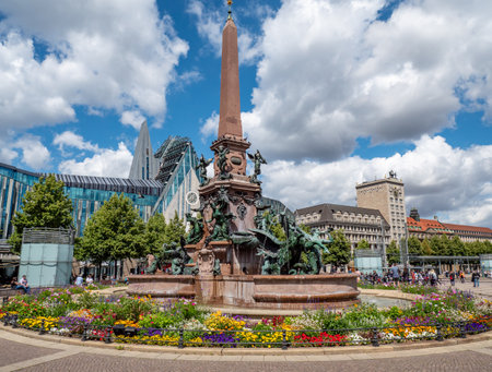 Panorama Augustusplatz with fountain in Leipzigのeditorial素材