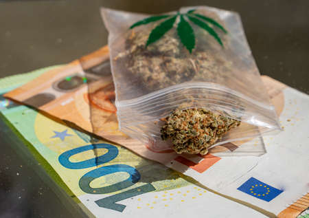 Drug trafficking cannabis marijuana euro billsの写真素材