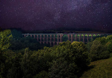 night view of the goeltzschtal bridge in east germanyの写真素材