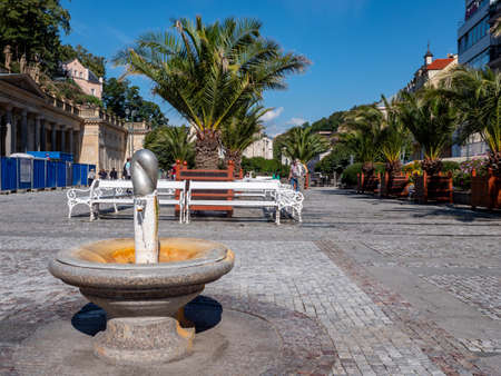 Hot spring in the old town of Karlovy Vary in Bohemia, Czech Republicの写真素材