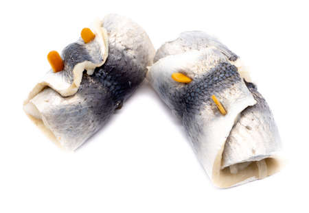 Rollmops bismarck herring isolated on white backgroundの写真素材