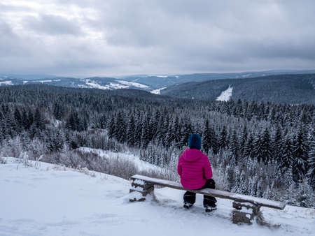 View over the snow-covered Vogtland in Saxonyの写真素材