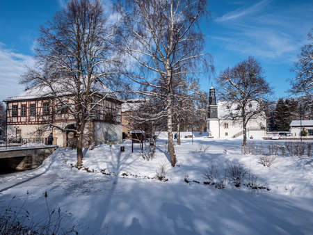 Castle island in Rodewisch in the Vogtland in winterの写真素材