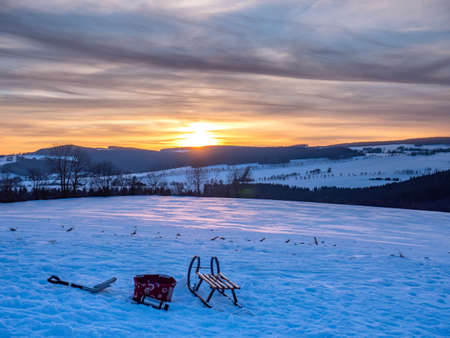 Sunset in the wintry Erzgebirge, Saxony, Germanyの写真素材