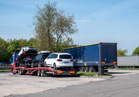 Car transporter at a rest area in Germanyのeditorial素材