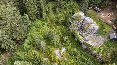 Schneckenstein rocks in Vogtland from aboveの写真素材