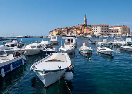 Port with the city of Rovinj on the Adriatic coastの写真素材