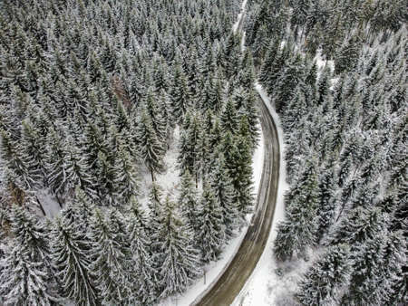 snow on the road in the vogtland mountainsの写真素材