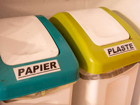 Garbage can for paper and plastic waste separation in Germanの写真素材