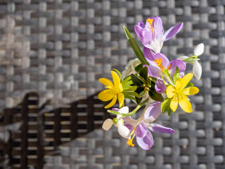 Bouquet of flowers with vase on a table in spring background