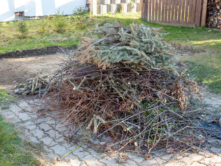 Heaps for the Easter bonfire in the gardenの写真素材