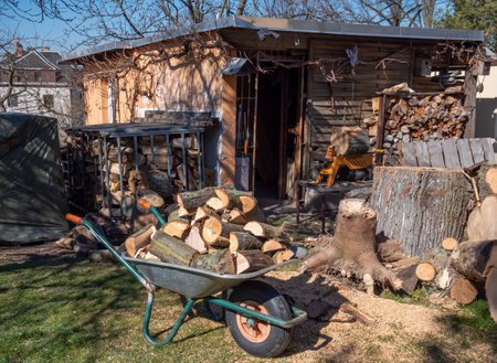 Wood is split for the fireplace in the gardenの写真素材