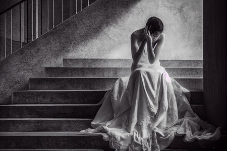 Painting of a weeping bride on a staircaseの写真素材