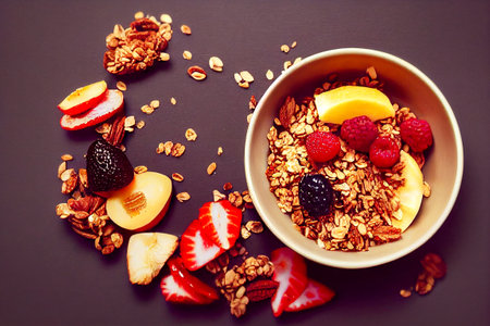 Bowl of fresh granola and fruit for breakfast 01
