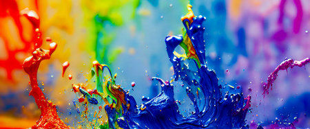 Panorama Exploding liquid paint in rainbow colors with splashes header 11
