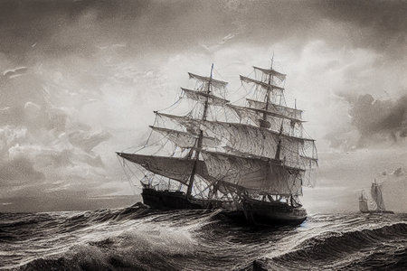 Old sailing ship in the sea illustration